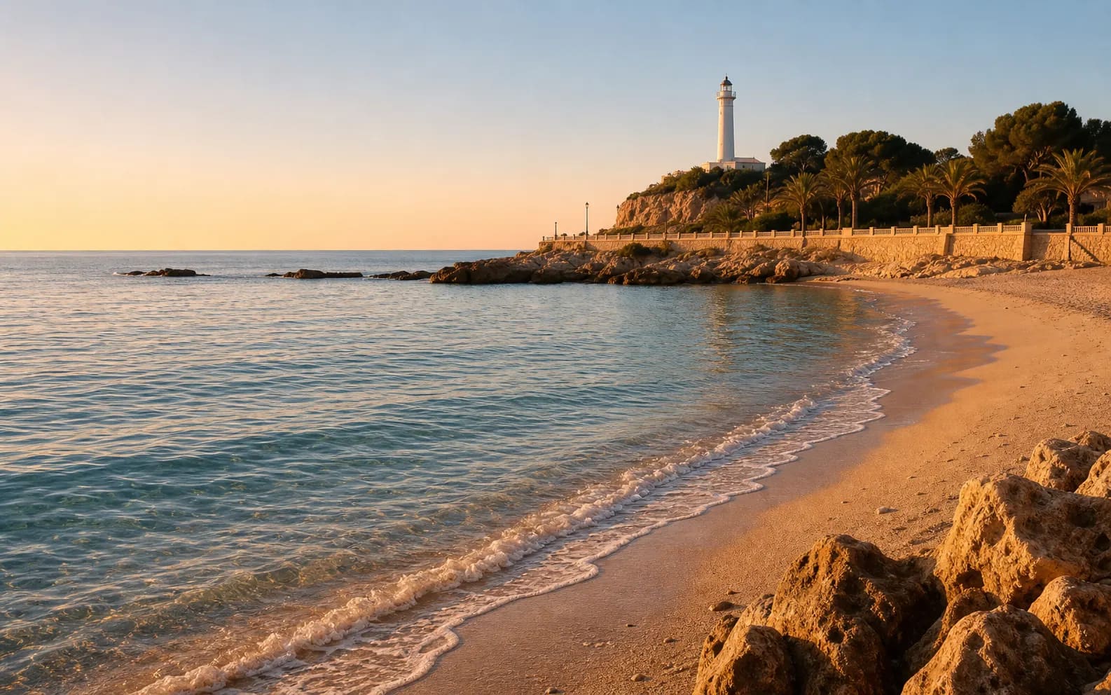 Platja tranquil·la de la Costa Daurada al capvespre, amb el far al fons.