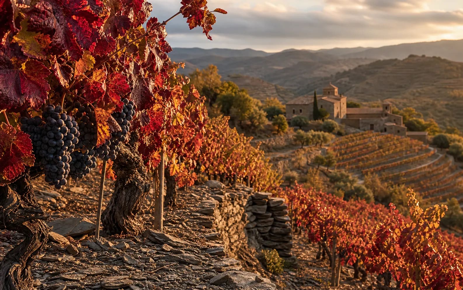 Raïm negre i fulles de tardor en una vinya del Priorat.
