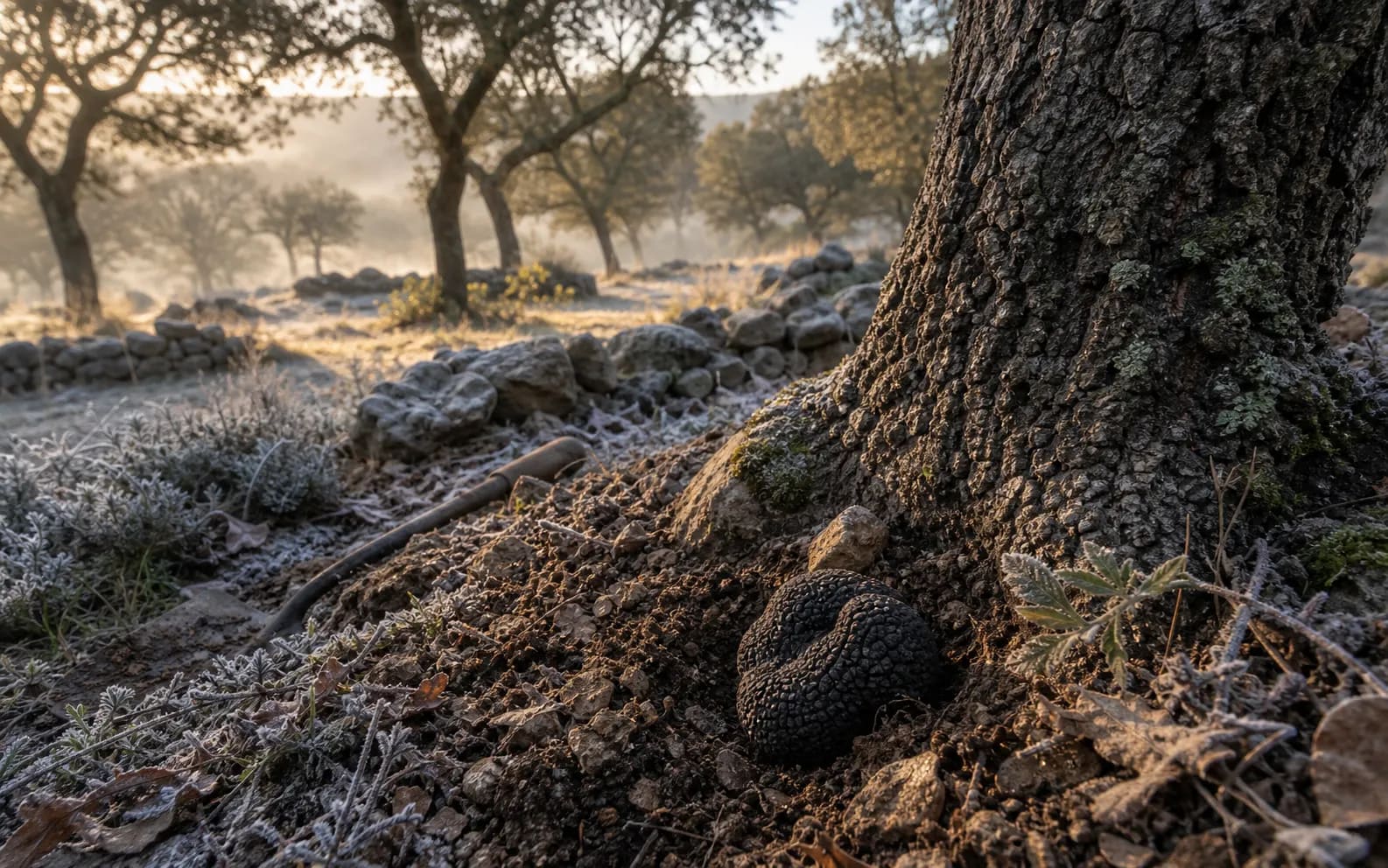 Tòfona negra sota una alzina en un matí fred a la finca de Cal Sec.