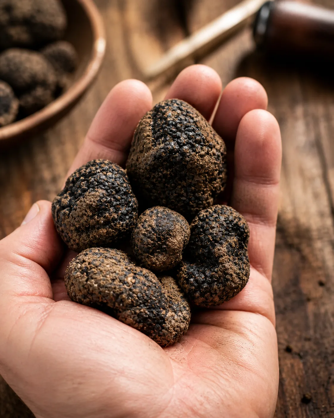 Trufas negras recién encontradas, aún con tierra, en la palma de la mano