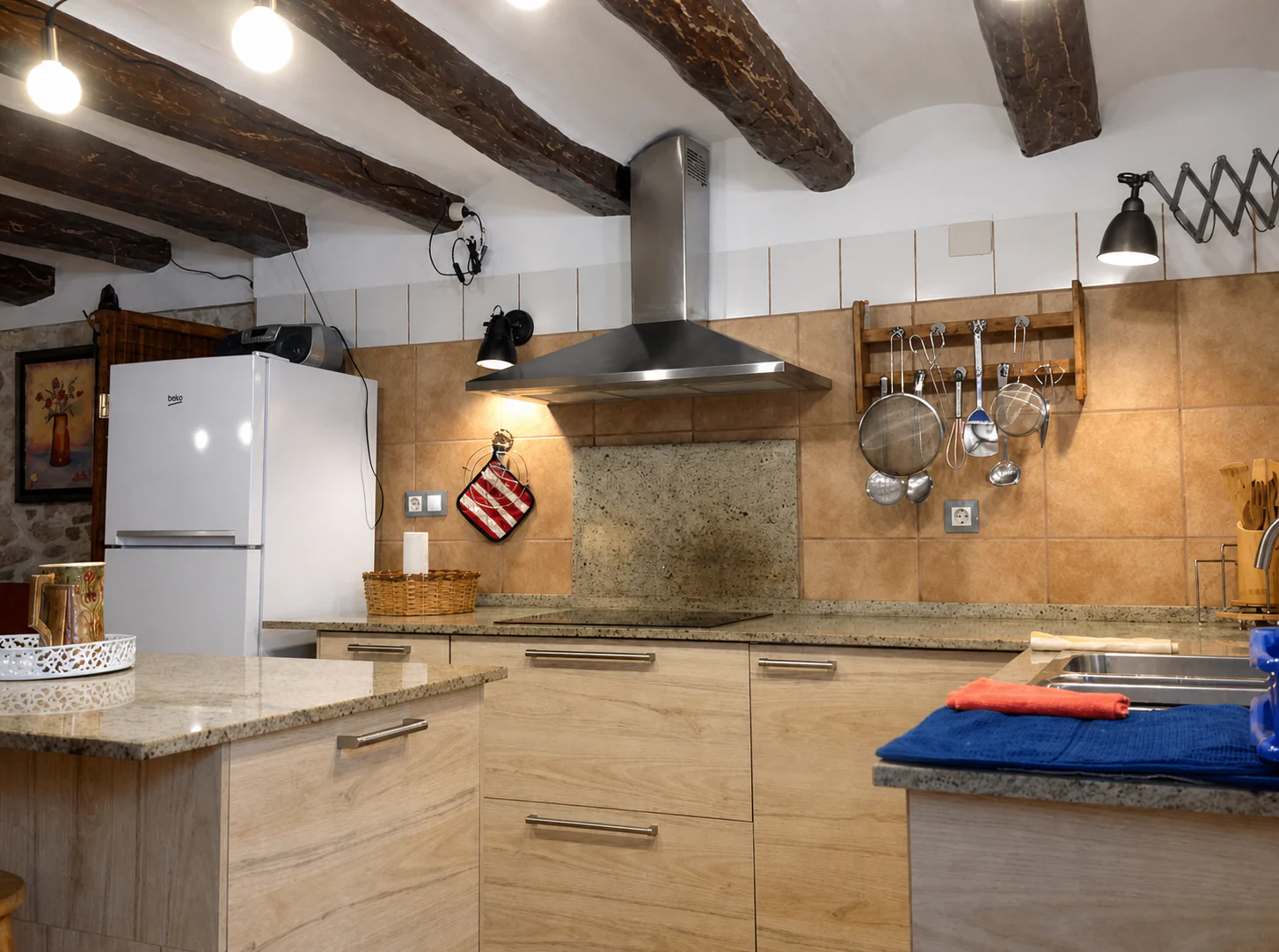 Zona de cocción de la cocina con nevera, campana y utensilios colgados en la pared.